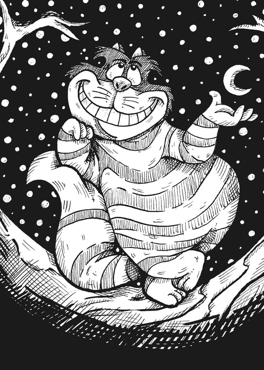 Cheshire Cat 5x7 black and white art print of a grinning striped cat on a tree branch beneath a crescent moon and starry sky