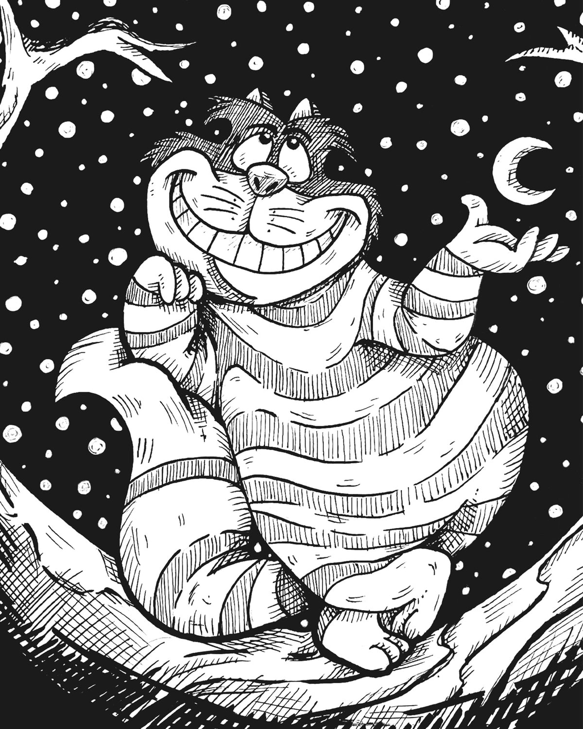 Cheshire Cat 8x10 black and white art print of a grinning striped cat on a tree branch beneath a crescent moon and starry sky