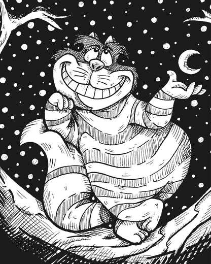 Cheshire Cat 8x10 black and white art print of a grinning striped cat on a tree branch beneath a crescent moon and starry sky