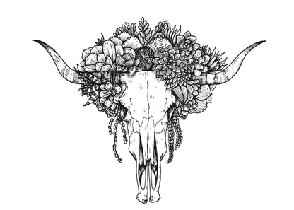 Cow Skull 5x7 landscape black and white print of an upright horned skull crowned with flowers and succulents