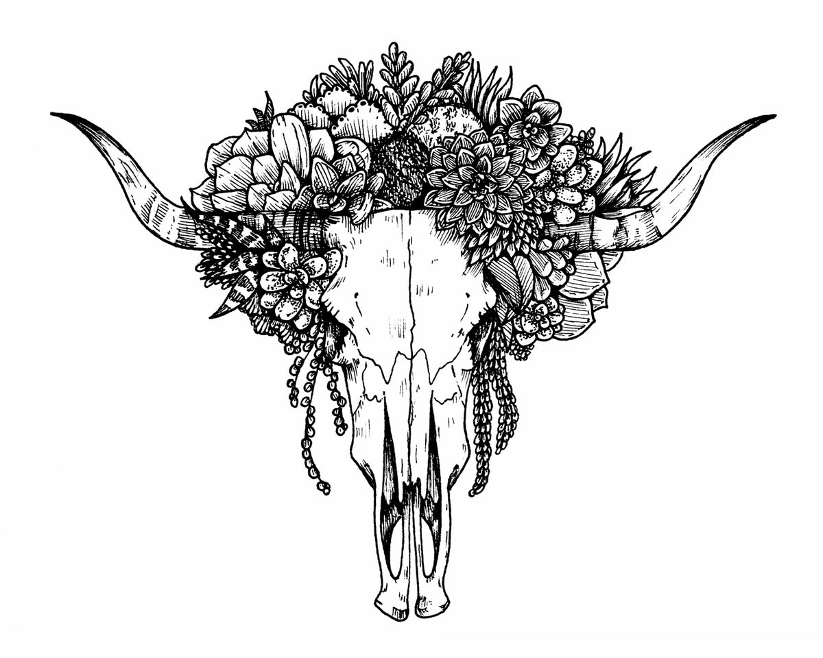 Cow Skull 8x10 landscape black and white print of an upright horned skull crowned with flowers and succulents