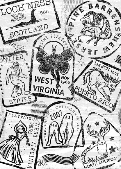 Cryptid Passport 5x7 art print featuring black and white passport stamps of legendary creatures