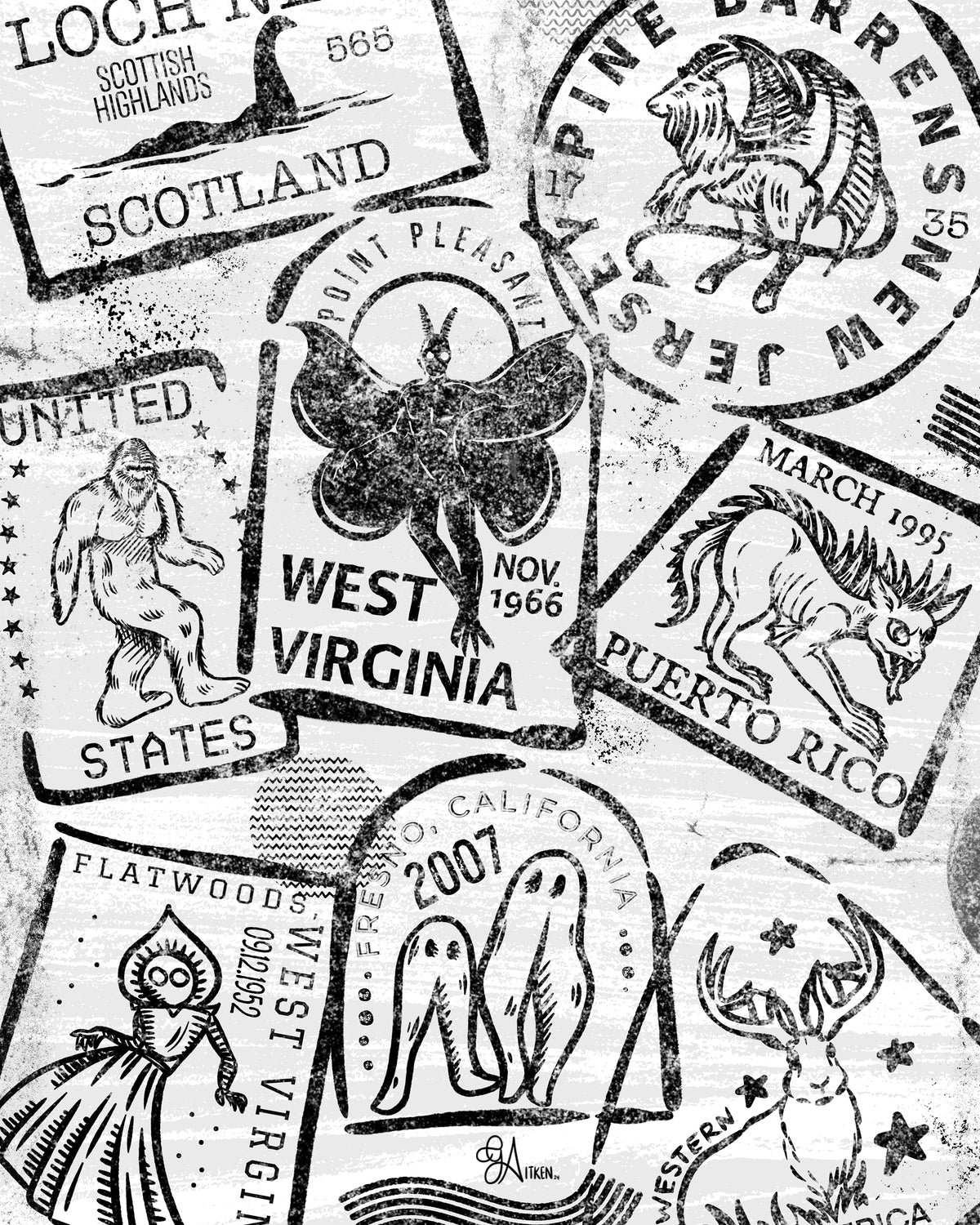 Cryptid Passport 8x10 art print featuring black and white passport stamps of legendary creatures