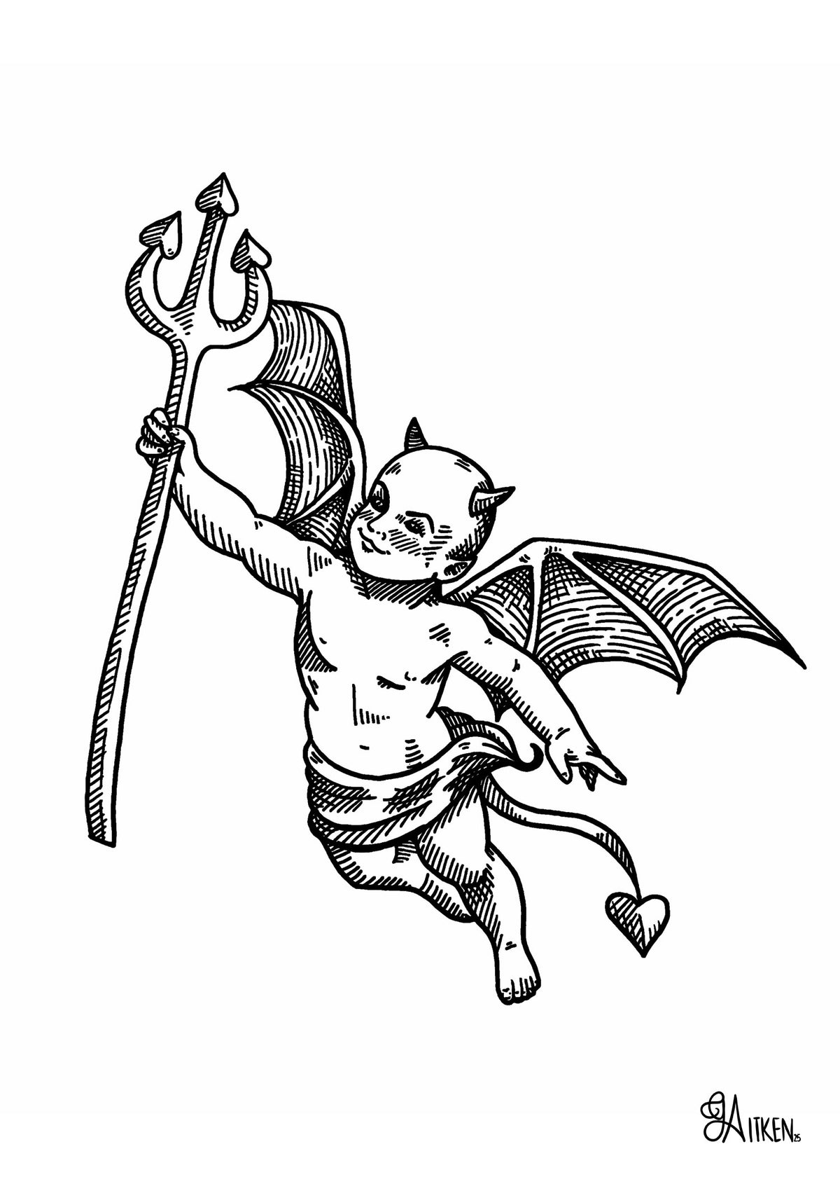 Cupid Imp 5x7 black and white art print of a winged imp holding a heart-tipped trident