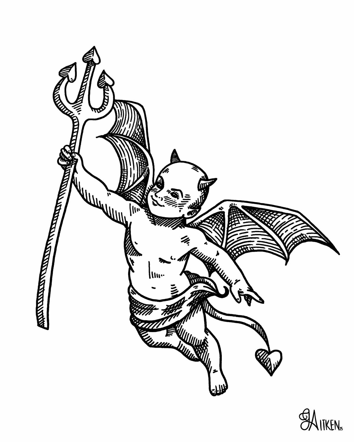 Cupid Imp 8x10 black and white art print of a winged imp holding a heart-tipped trident