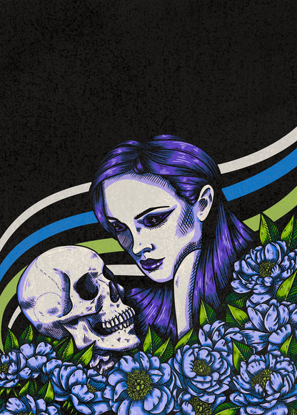Dearly Departed 5x7 art print of a purple-haired woman facing a skull among blue flowers and green leaves