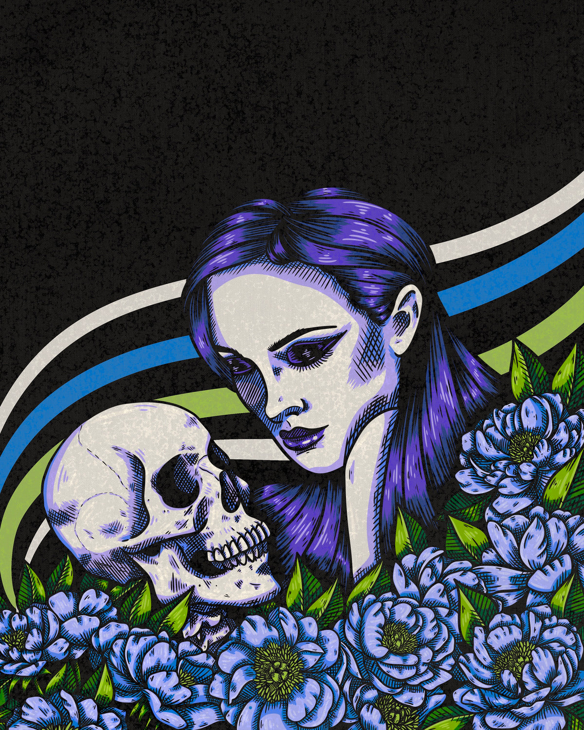 Dearly Departed 8x10 art print of a purple-haired woman facing a skull among blue flowers and green leaves