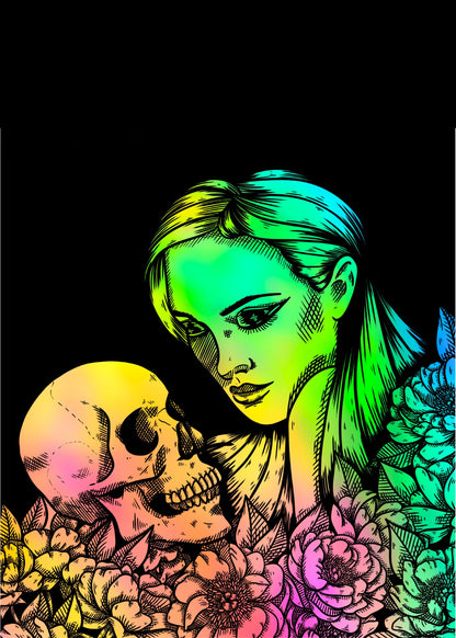 Dearly Departed Rainbow Pride version 5x7, woman and skull with rainbow colors and flowers on black