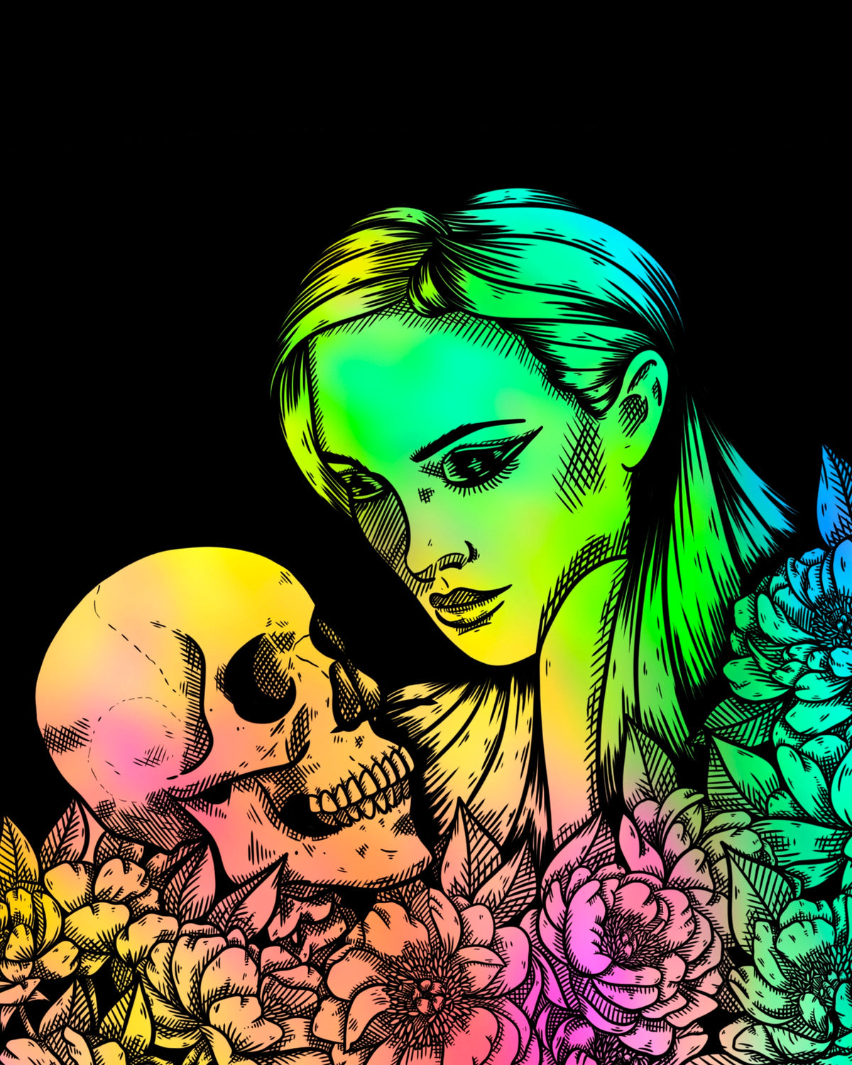 Dearly Departed Rainbow Pride version 8x10, woman and skull with rainbow colors and flowers on black