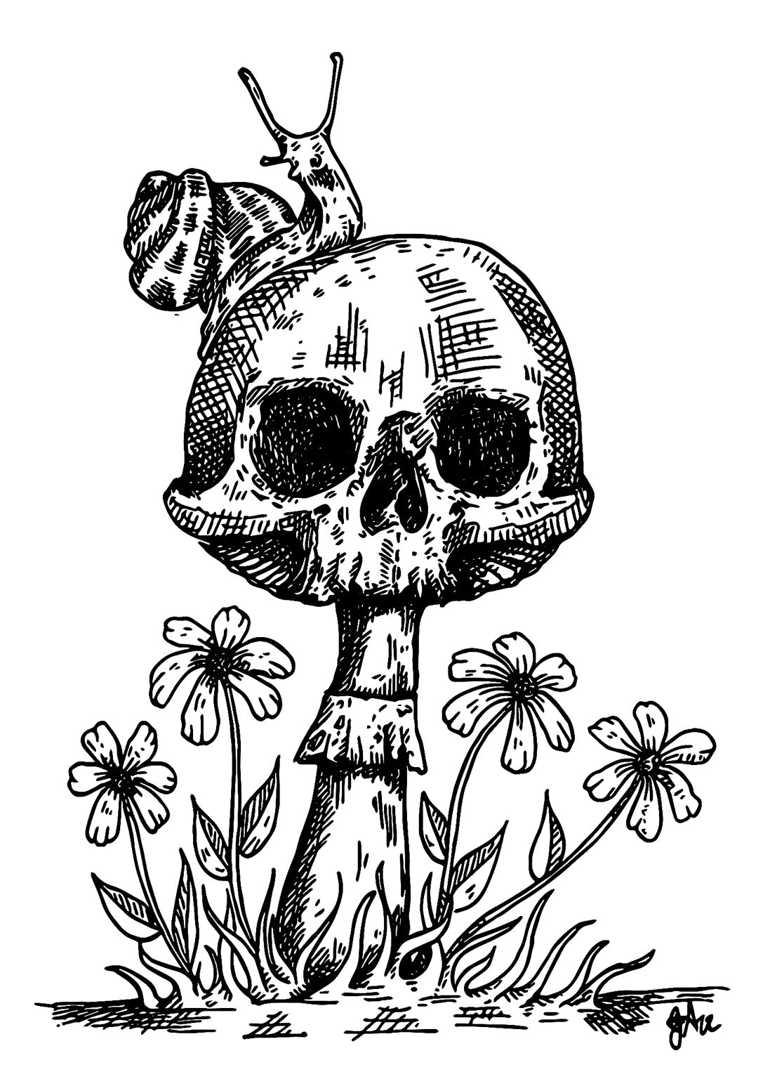 Deathcap 5x7 black and white art print of a skull-shaped mushroom topped by a snail and surrounded by flowers