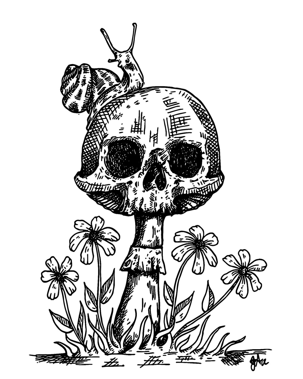 Deathcap 8x10 black and white art print of a skull-shaped mushroom topped by a snail and surrounded by flowers