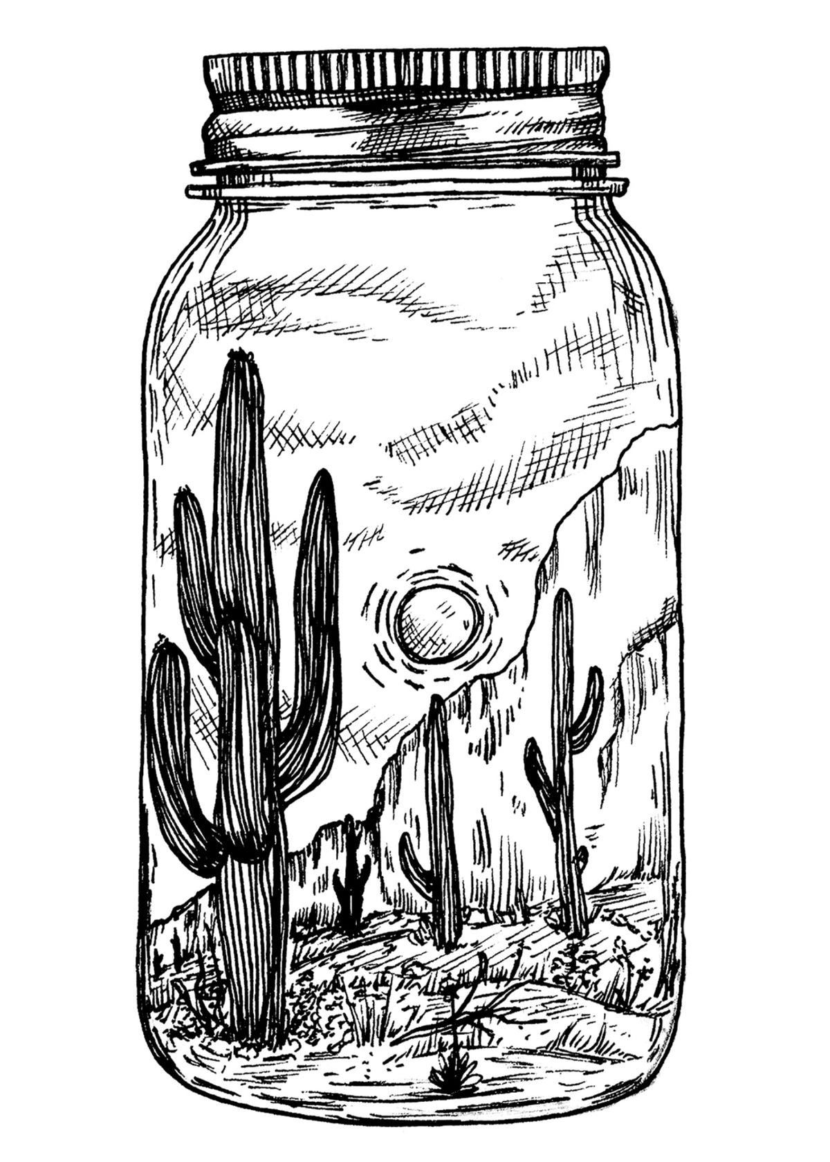 Desert in a Jar 5x7 black and white art print of cacti, rocky cliffs, and the sun inside a glass jar