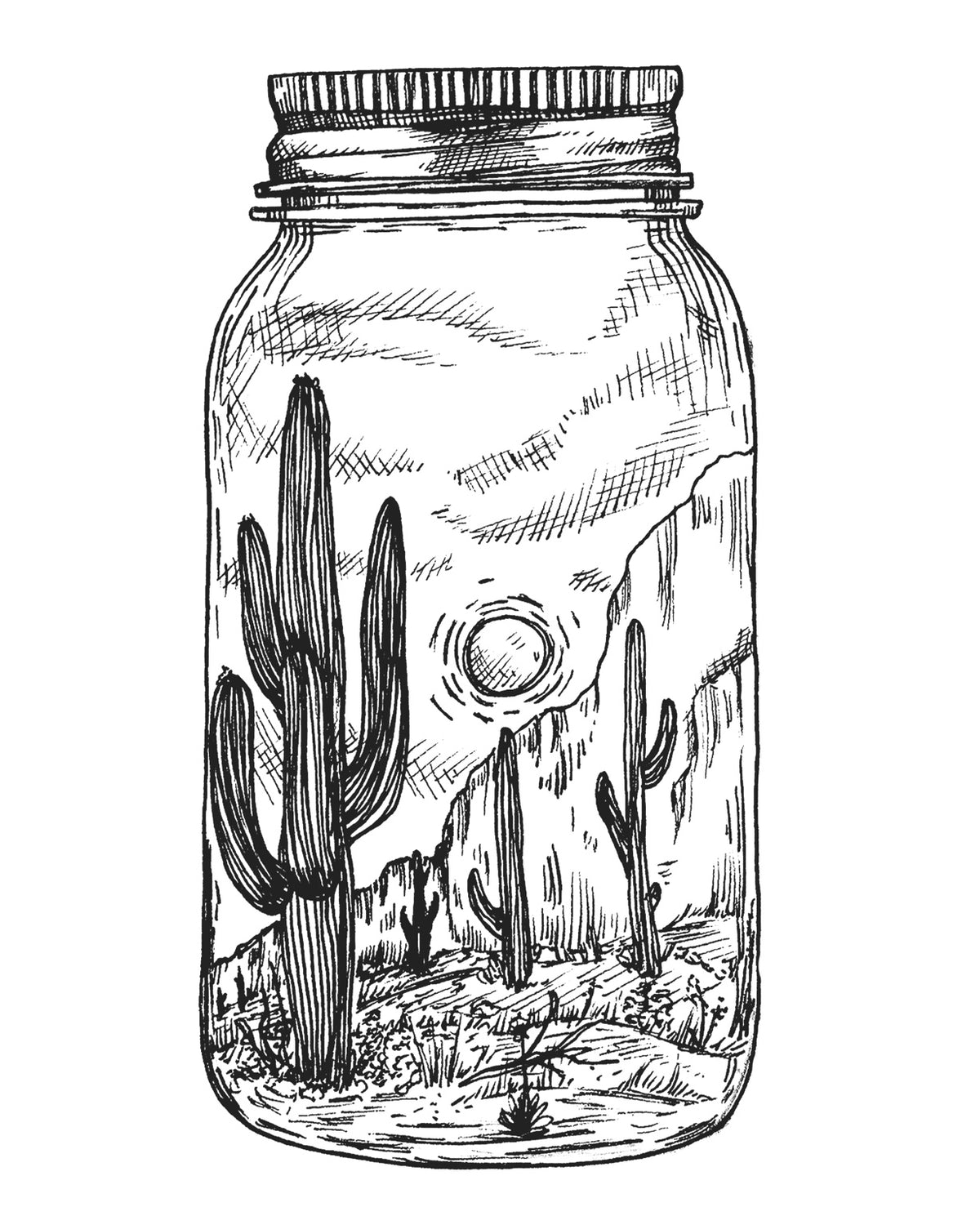 Desert in a Jar 8x10 black and white art print of cacti, rocky cliffs, and the sun inside a glass jar