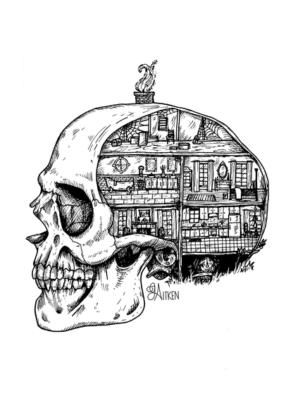 Dollhouse 5x7 black and white art print of a skull opened to reveal furnished dollhouse rooms and cobwebs