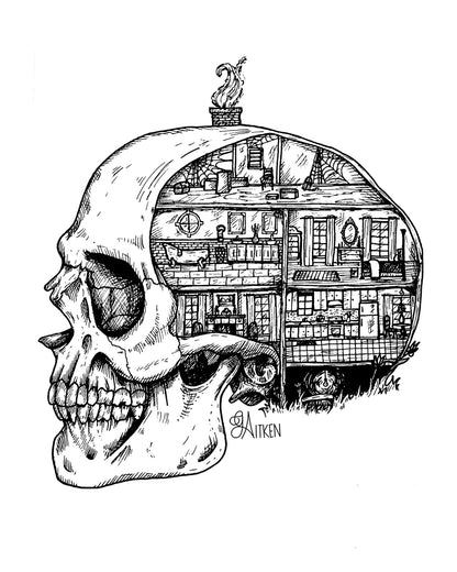 Dollhouse 8x10 black and white art print of a skull opened to reveal furnished dollhouse rooms and cobwebs