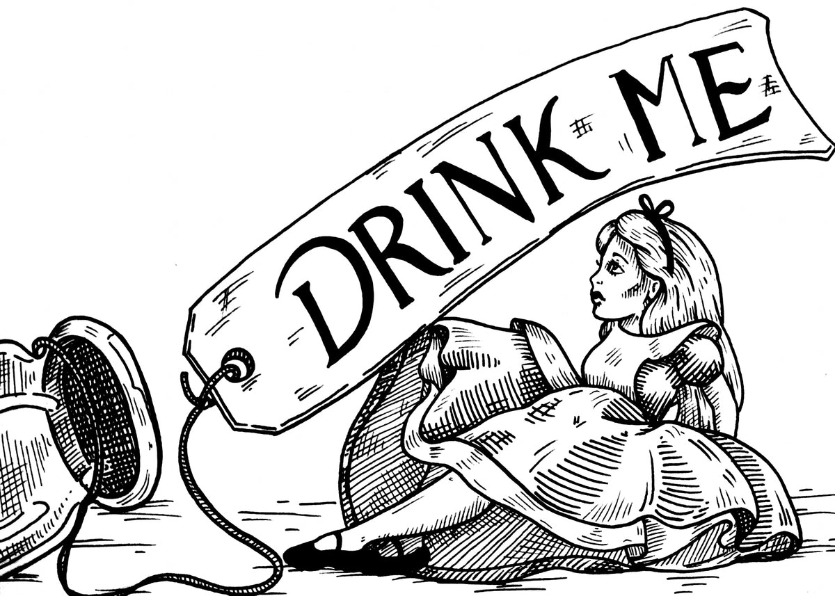 Drink Me 5x7 black and white art print of Alice beside a bottle and an oversized Drink Me tag