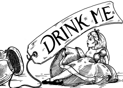 Drink Me 5x7 black and white art print of Alice beside a bottle and an oversized Drink Me tag