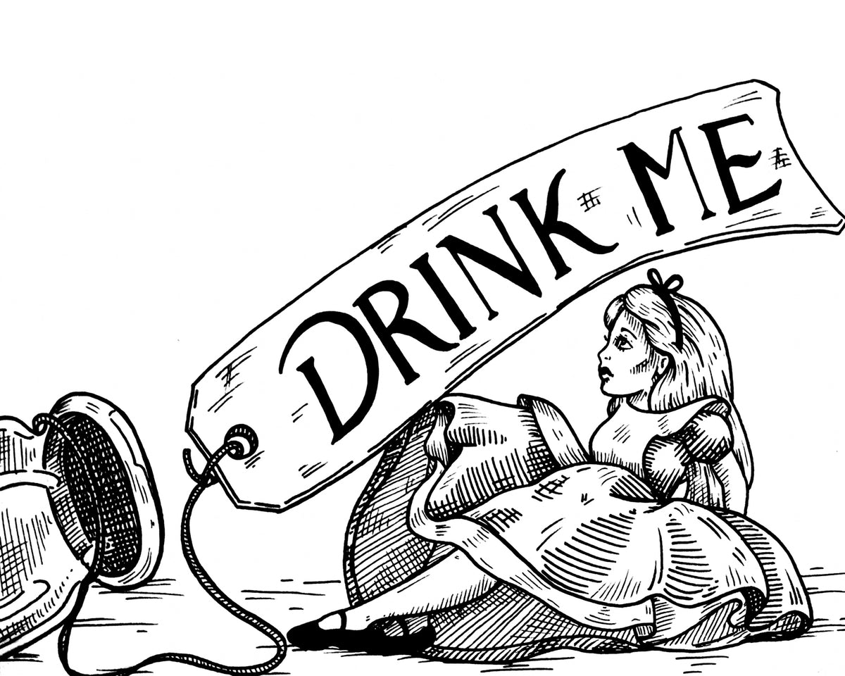 Drink Me 8x10 black and white art print of Alice beside a bottle and an oversized Drink Me tag