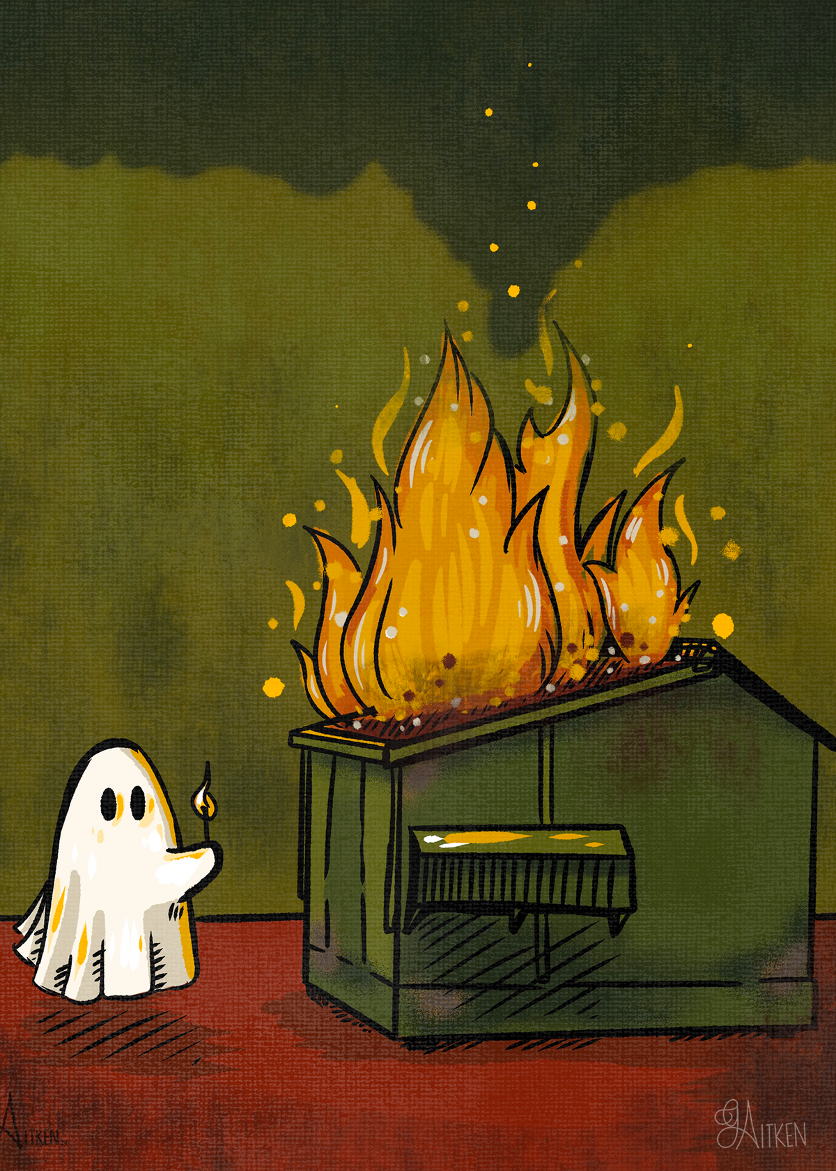 Dumpster Fire 5x7 art print of a small ghost holding a lit match beside a burning green dumpster