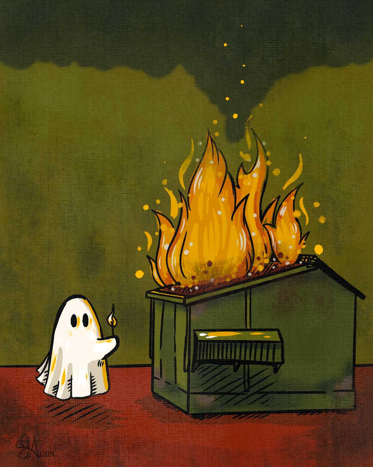 Dumpster Fire 8x10 art print of a small ghost holding a lit match beside a burning green dumpster