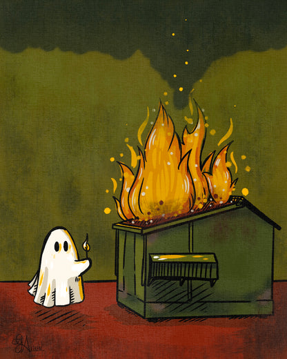 Dumpster Fire 8x10 art print of a small ghost holding a lit match beside a burning green dumpster