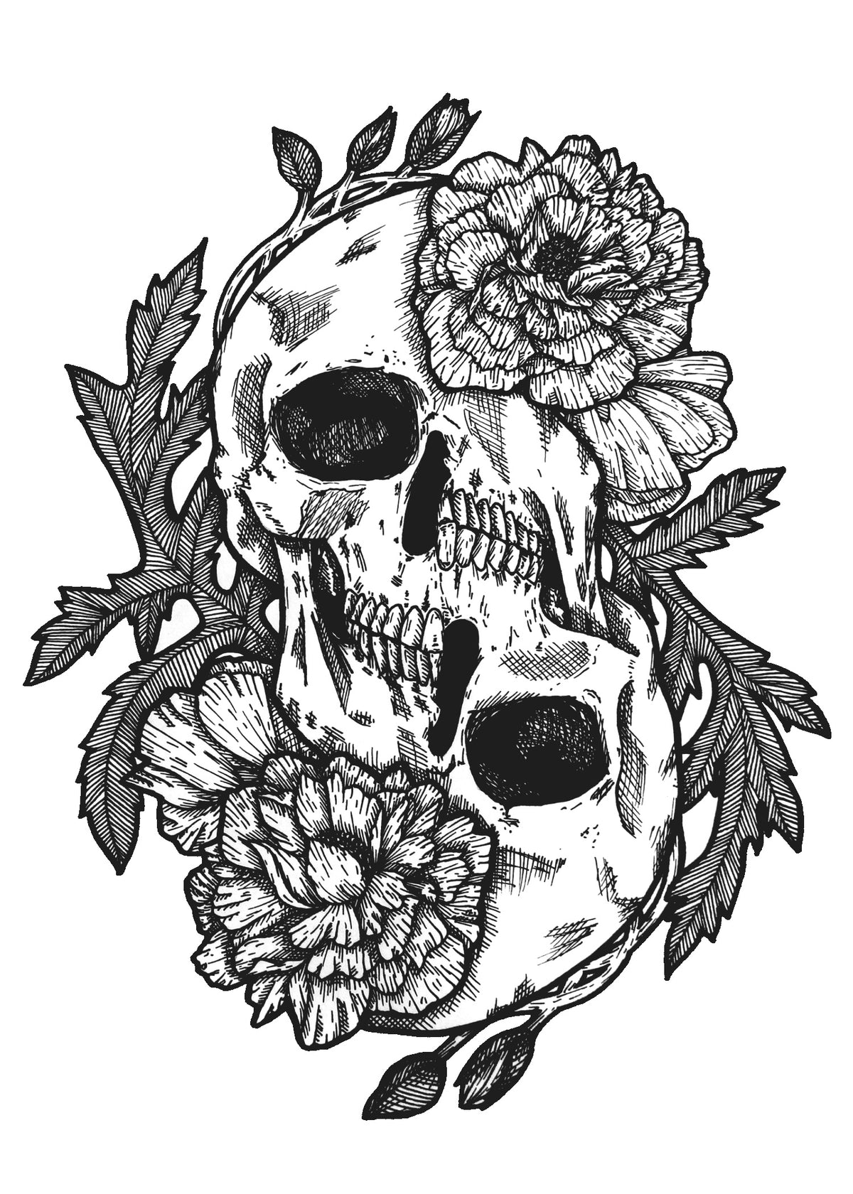 Duplicity 5x7 black and white art print of two opposing skulls framed by flowers, leaves, and winding stems