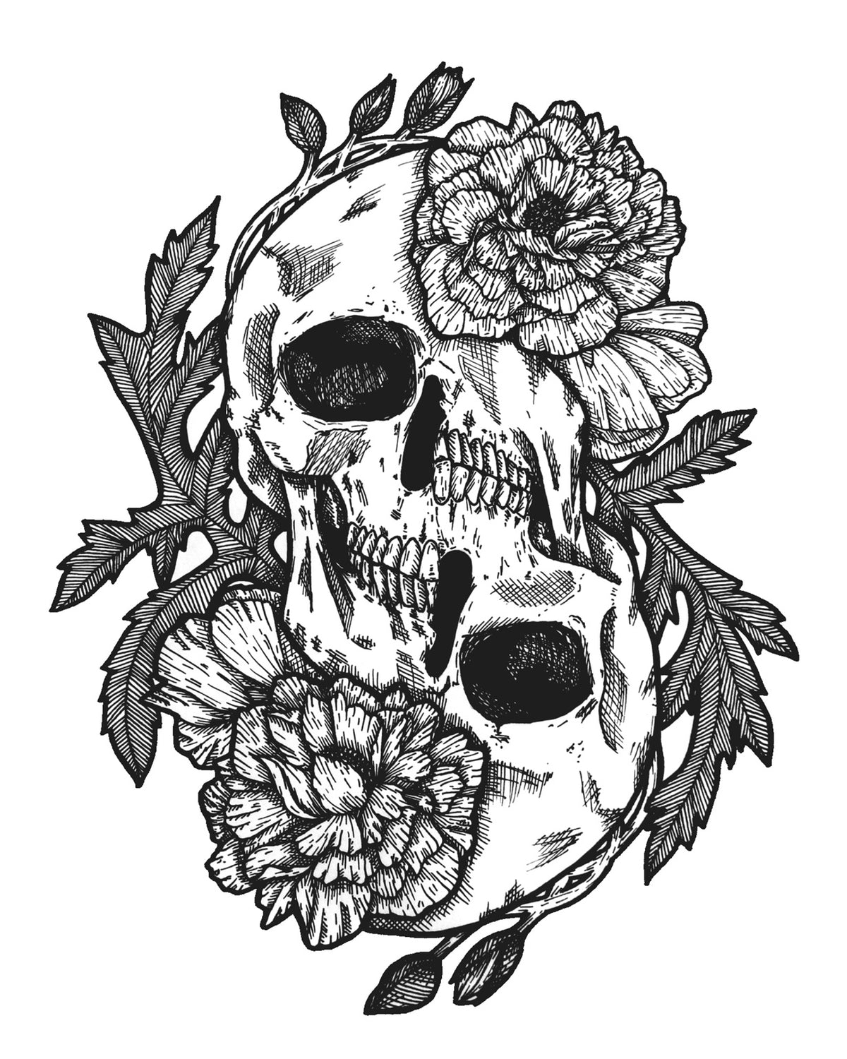Duplicity 8x10 black and white art print of two opposing skulls framed by flowers, leaves, and winding stems