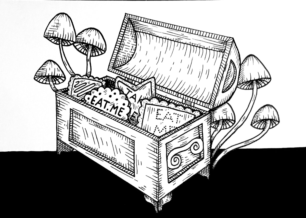 Eat Me 5x7 landscape art print showing an open box of cookies surrounded by mushrooms, in black and white pen linework