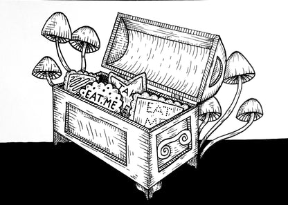 Eat Me 5x7 landscape art print showing an open box of cookies surrounded by mushrooms, in black and white pen linework