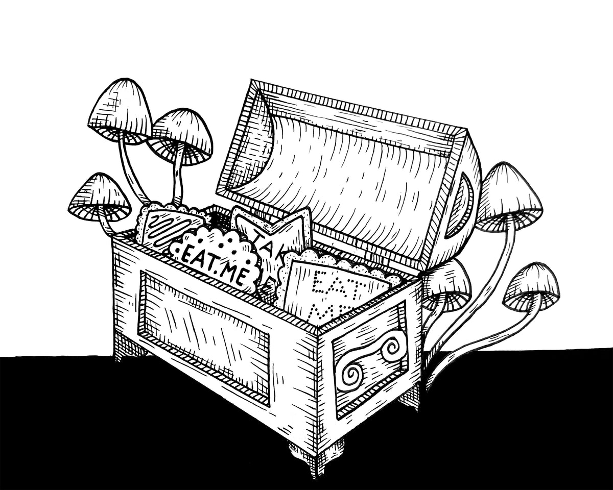 Eat Me 8x10 landscape art print showing an open box of cookies surrounded by mushrooms, in black and white pen linework
