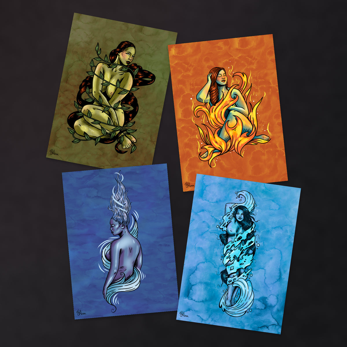 The Elements Entwined set of four 5x7 prints in an overlapping flat lay on a dark charcoal background