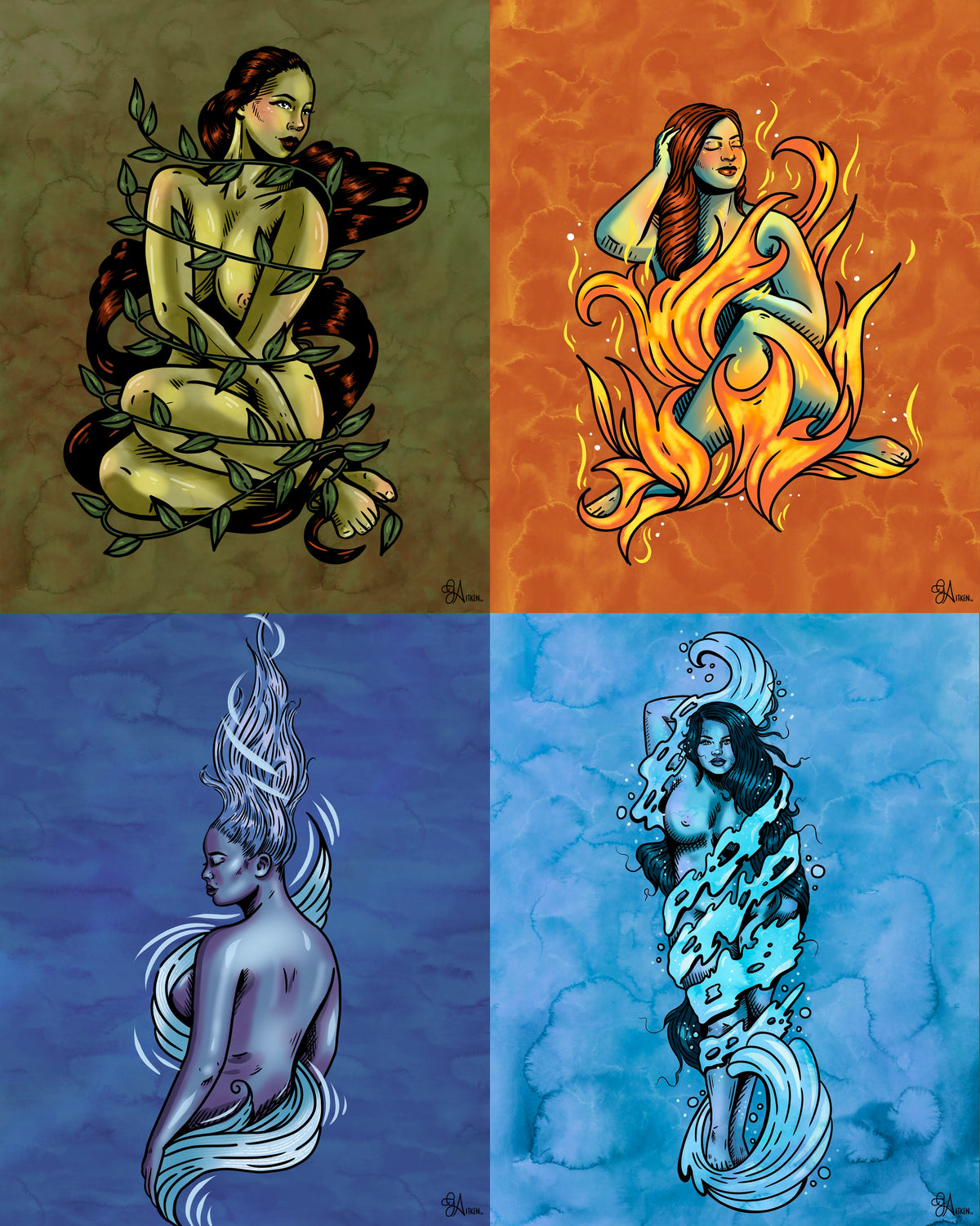 The Elements Entwined complete set: Earth’s Embrace, Ember’s Caress, Wind’s Whisper and Water’s Allure in a flush four-print grid