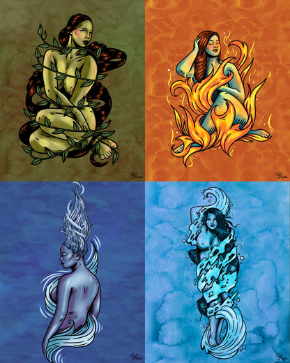 The Elements Entwined complete set: Earth’s Embrace, Ember’s Caress, Wind’s Whisper and Water’s Allure in a flush four-print grid