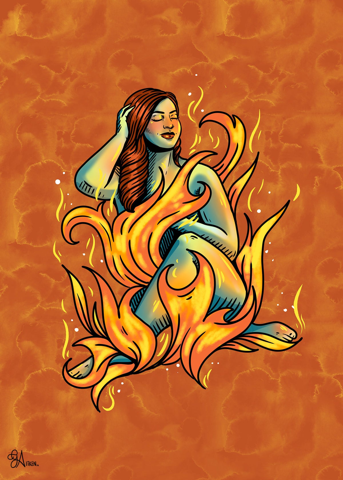 Ember’s Caress: a seated woman entwined in orange and yellow flames, 5x7 print