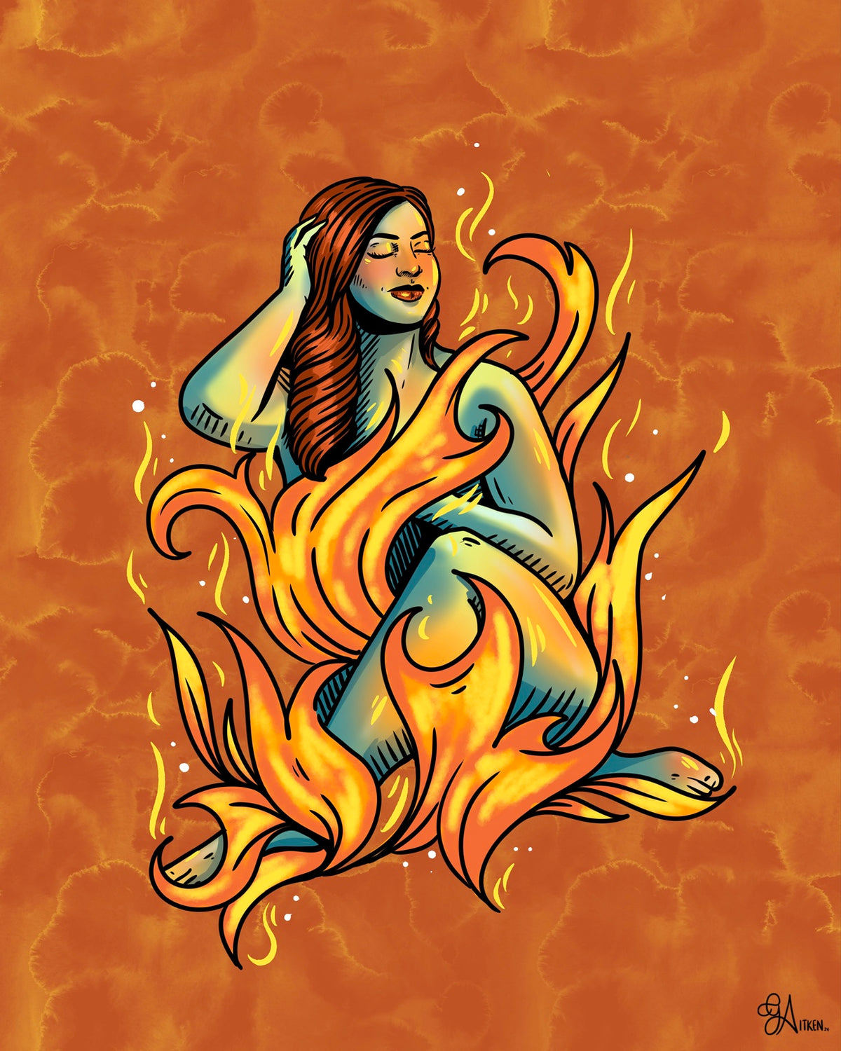 Ember’s Caress: a seated woman entwined in orange and yellow flames, 8x10 print