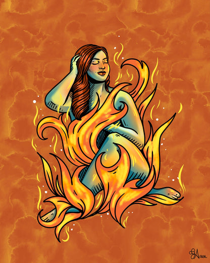 Ember’s Caress: a seated woman entwined in orange and yellow flames, 8x10 print