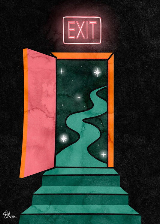 Exit 5x7 art print featuring a pink open door, orange doorway, teal steps and winding path through a starry darkness beneath a glowing exit sign