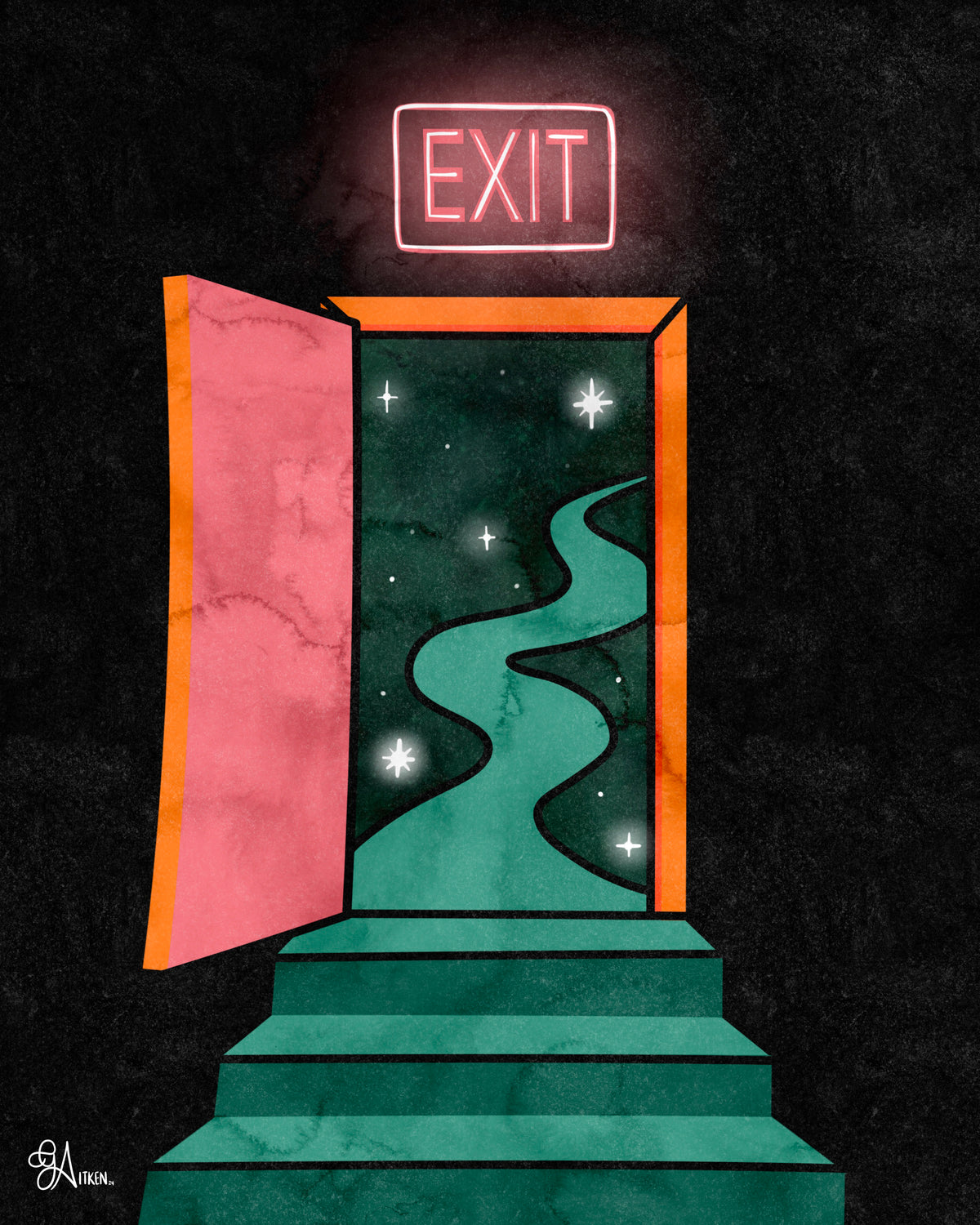 Exit 8x10 art print featuring a pink open door, orange doorway, teal steps and winding path through a starry darkness beneath a glowing exit sign