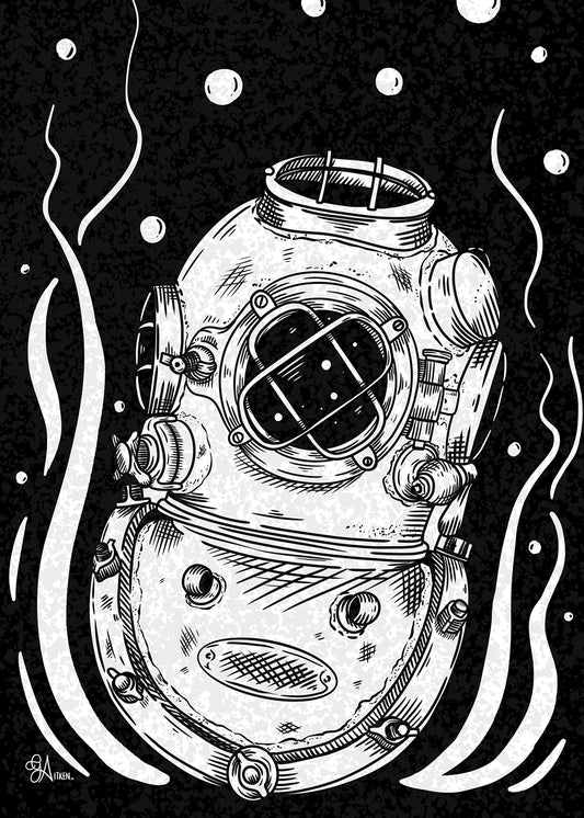 Expedition – black and white vintage diving helmet surrounded by underwater plants and bubbles, 5x7 print