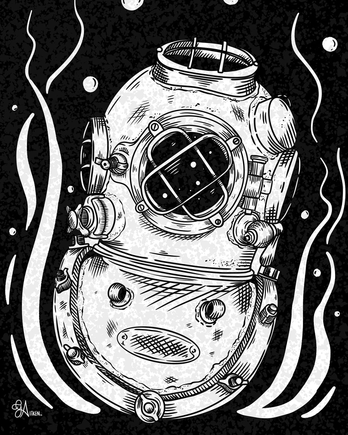 Expedition – black and white vintage diving helmet surrounded by underwater plants and bubbles, 8x10 print