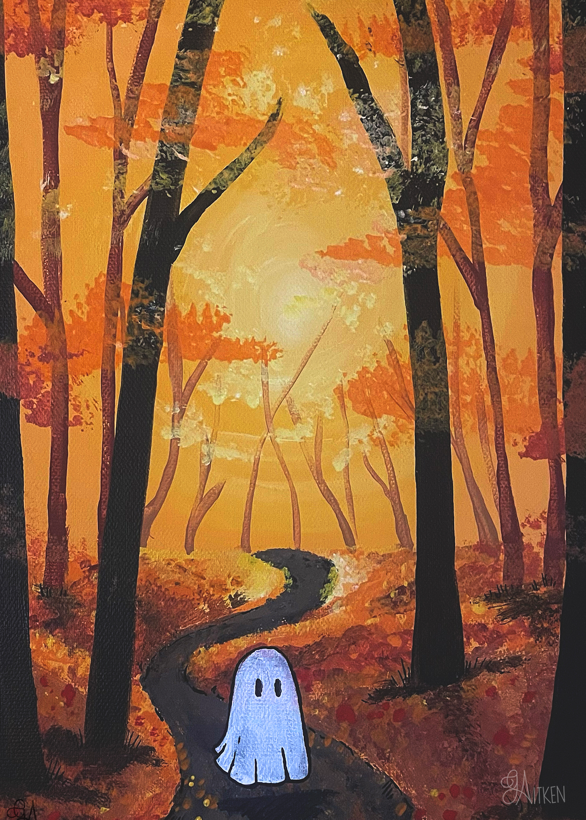 Fall Phantom – a small pale ghost on a winding path through a glowing orange autumn forest, 5x7 print