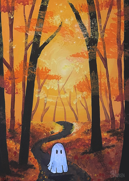 Fall Phantom – a small pale ghost on a winding path through a glowing orange autumn forest, 5x7 print