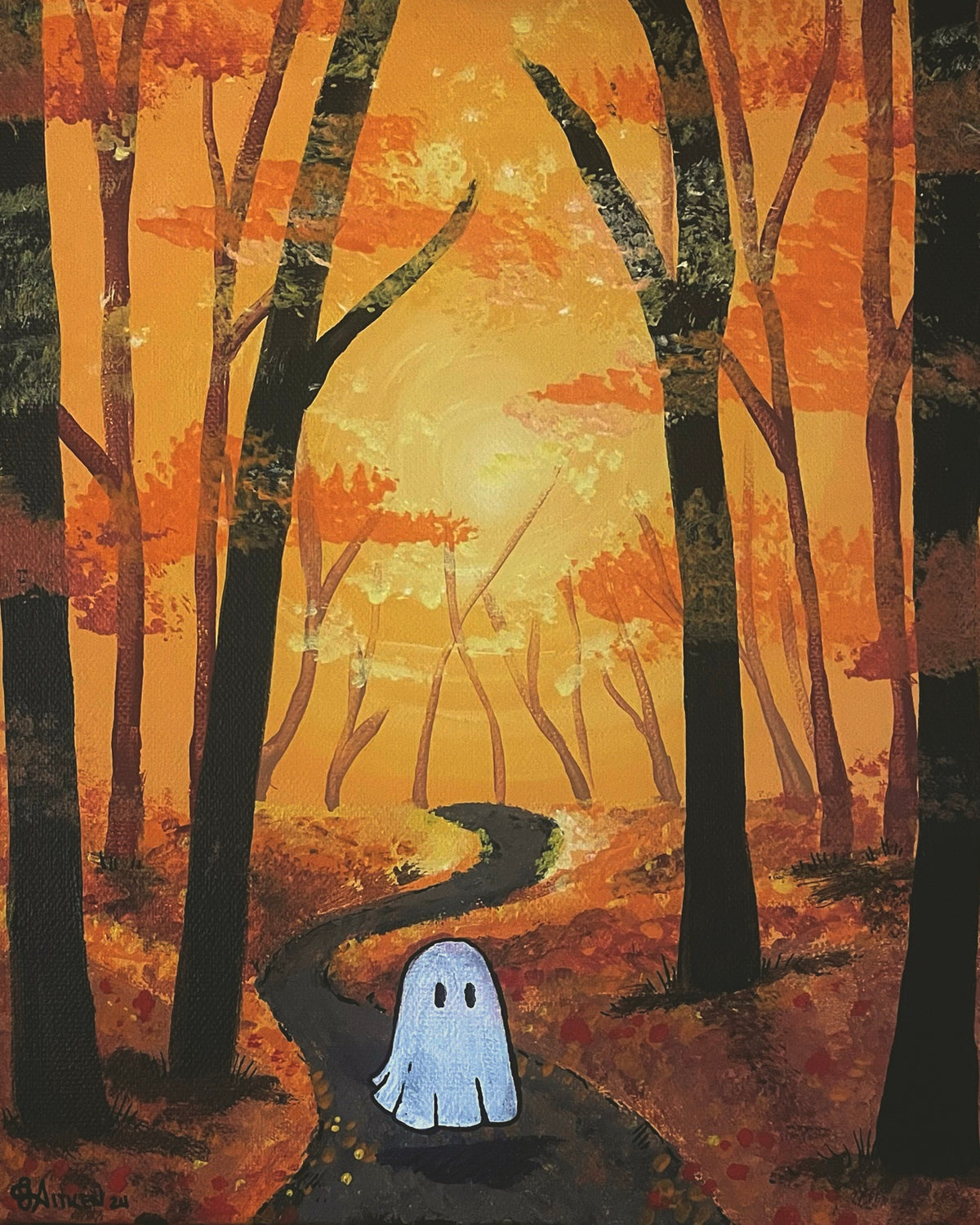 Fall Phantom – a small pale ghost on a winding path through a glowing orange autumn forest, 8x10 print