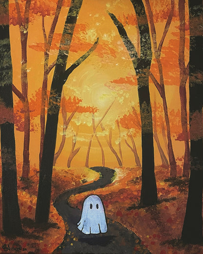 Fall Phantom – a small pale ghost on a winding path through a glowing orange autumn forest, 8x10 print