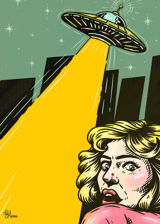 Far Out – retro science fiction illustration of a flying saucer casting a yellow beam over a city as a startled woman looks back, 5x7 print