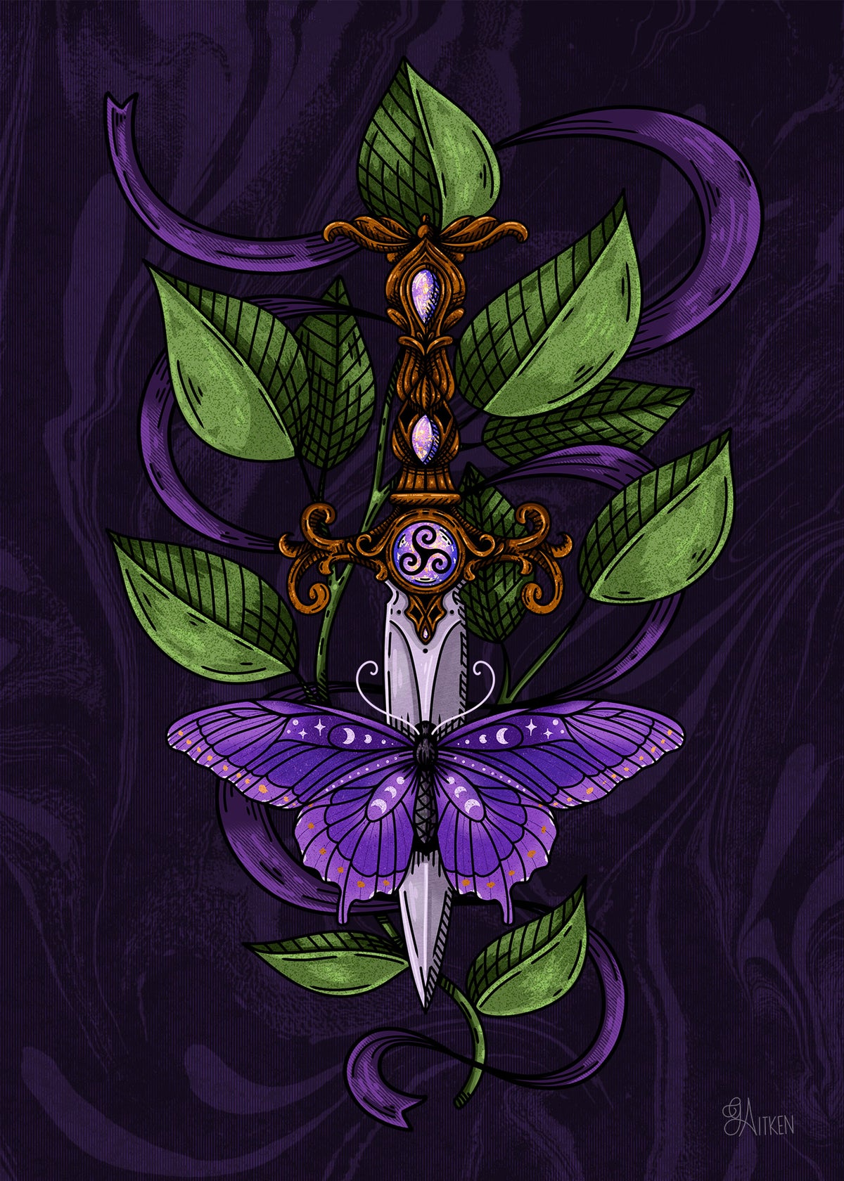 Fibro – purple butterfly with moon phase details across an ornate dagger, green leaves and flowing purple ribbon on a dark purple background, 5x7 print