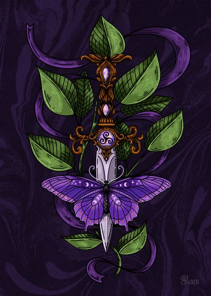 Fibro – purple butterfly with moon phase details across an ornate dagger, green leaves and flowing purple ribbon on a dark purple background, 5x7 print