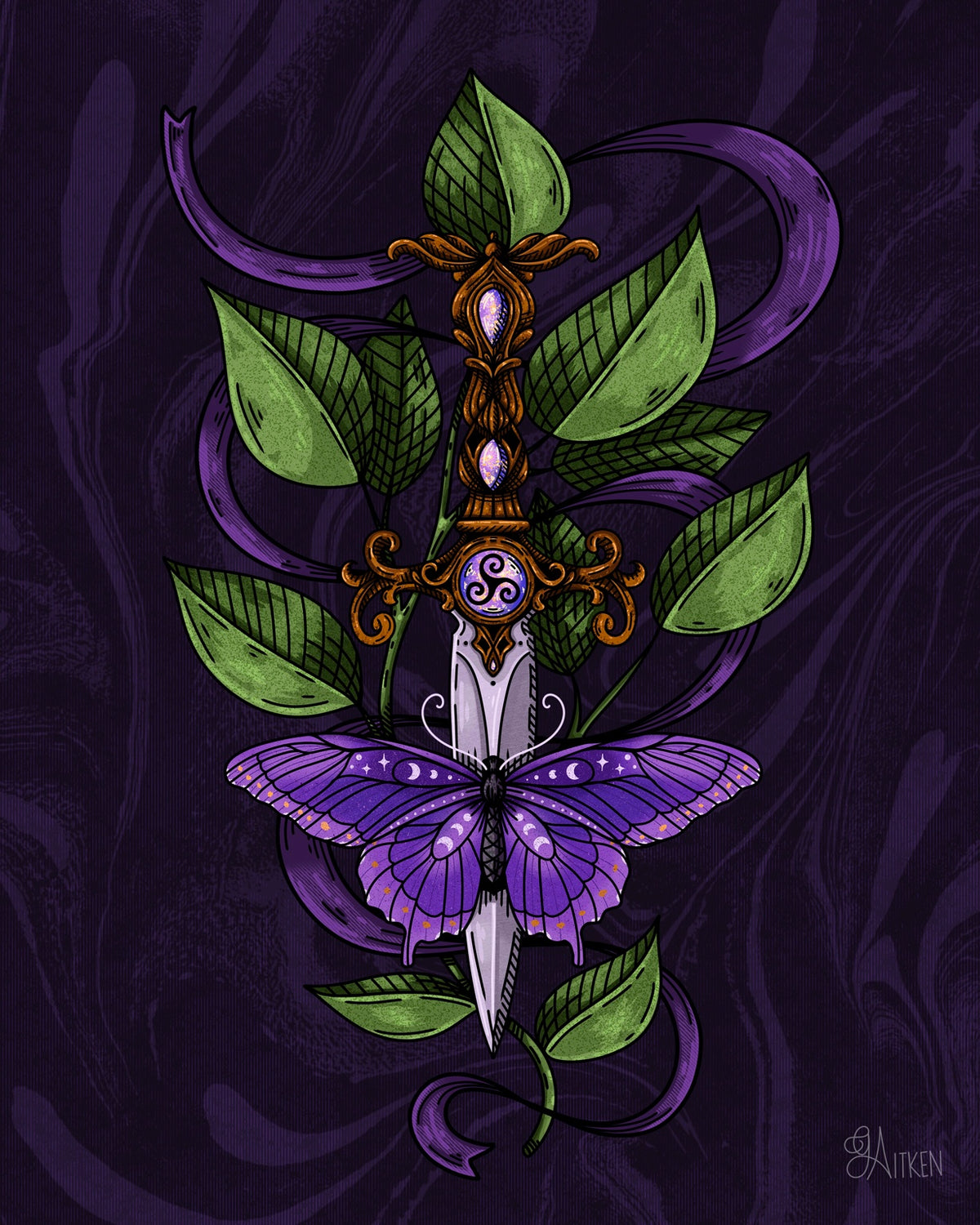 Fibro – purple butterfly with moon phase details across an ornate dagger, green leaves and flowing purple ribbon on a dark purple background, 8x10 print