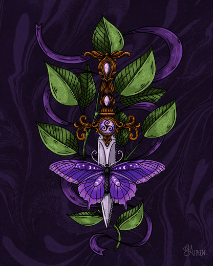 Fibro – purple butterfly with moon phase details across an ornate dagger, green leaves and flowing purple ribbon on a dark purple background, 8x10 print