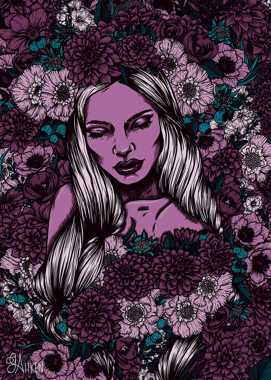 Flora’s Shroud Purple & Teal 5x7 art print featuring a woman with closed eyes surrounded by intricate flowers